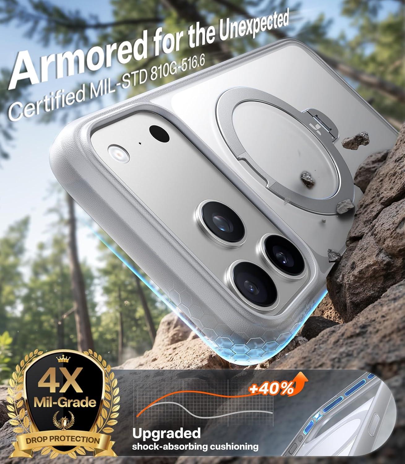 imageTORRAS Q3 Spin for iPhone Air Case Patented 360 Magnetic Stand Fit for MagSafe Builtin Ring Holder Kickstand Rugged MilitaryGrade Protective Case for iPhone 17 Air Camera Control Button BlackSilver