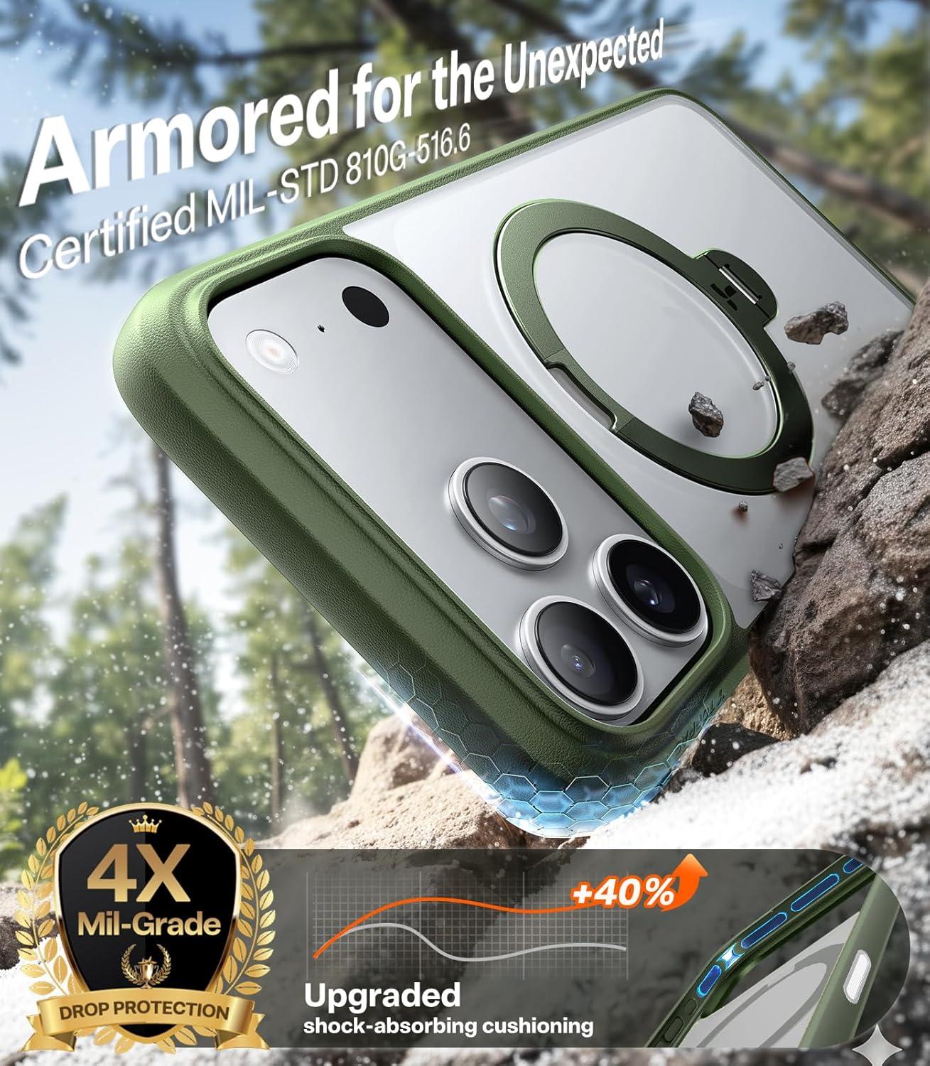 imageTORRAS Q3 Spin for iPhone Air Case Patented 360 Magnetic Stand Fit for MagSafe Builtin Ring Holder Kickstand Rugged MilitaryGrade Protective Case for iPhone 17 Air Camera Control Button BlackGreen