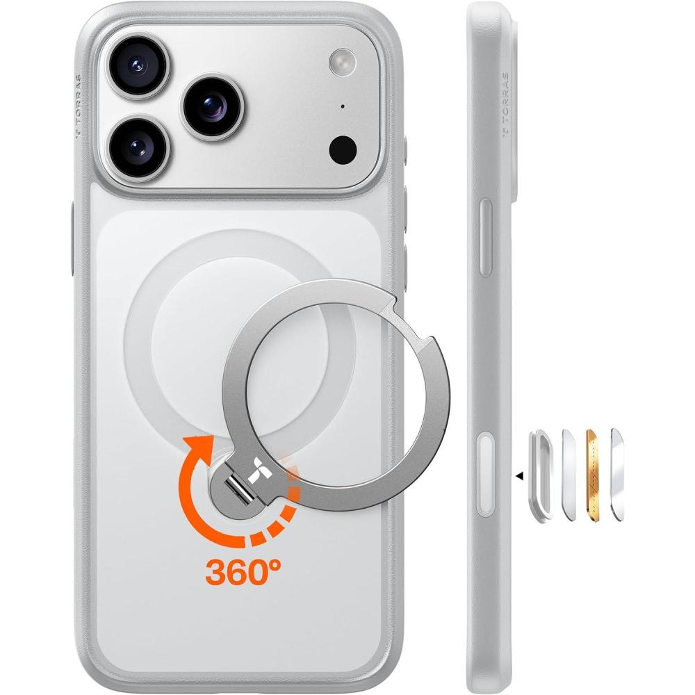 imageTORRAS Q3 Spin for iPhone Air Case Patented 360 Magnetic Stand Fit for MagSafe Builtin Ring Holder Kickstand Rugged MilitaryGrade Protective Case for iPhone 17 Air Camera Control Button BlackSilver