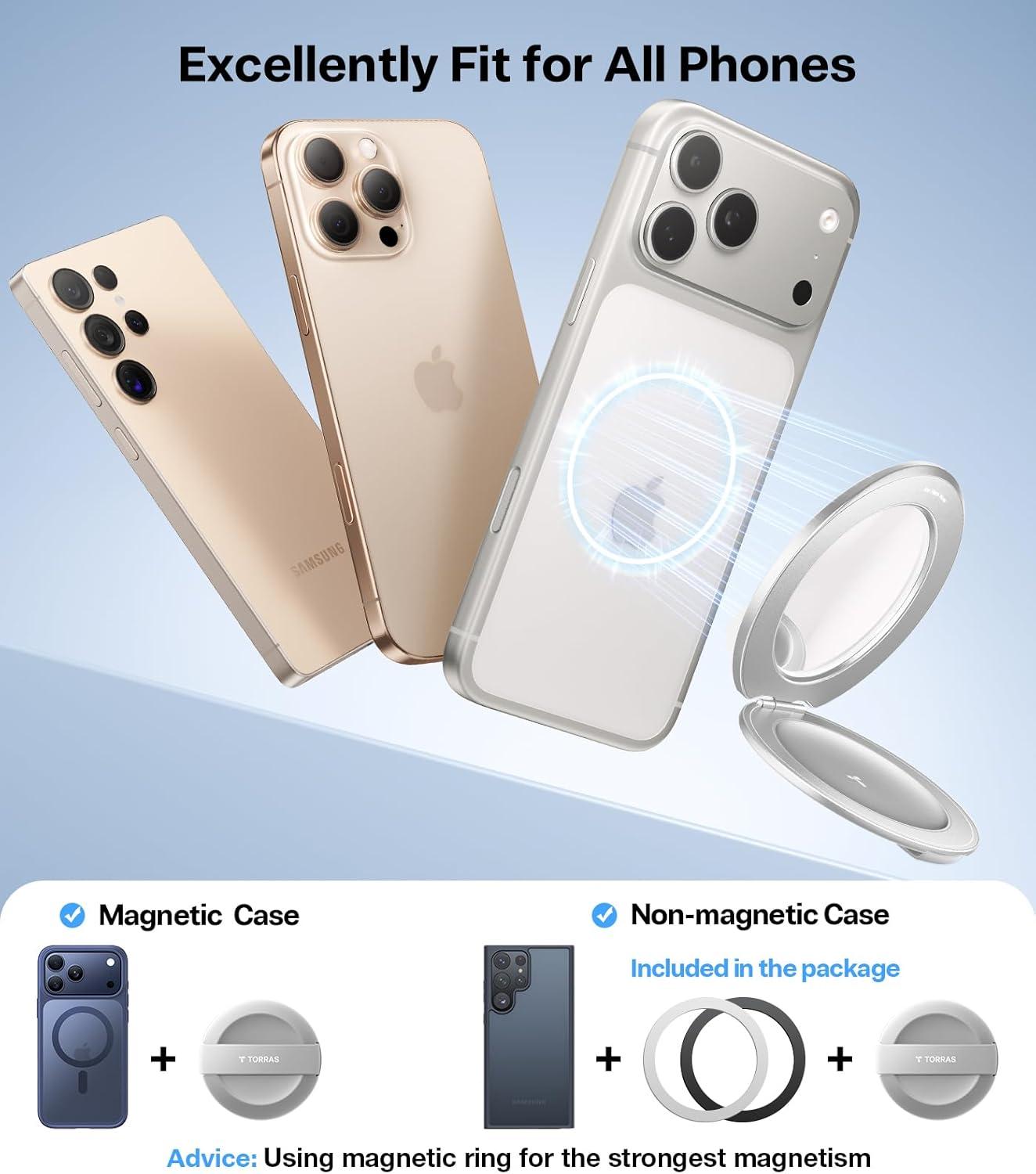 imageTORRAS 2026 Upgraded Gen 70 Magnetic Phone Grip Ring Stand Holder Comfortable Silicone Ring Compatible with MagSafe Accessories 4in1 Kickstand for iPhone 17 Pro Max 16 15 14 13 AndroidBlackSilver