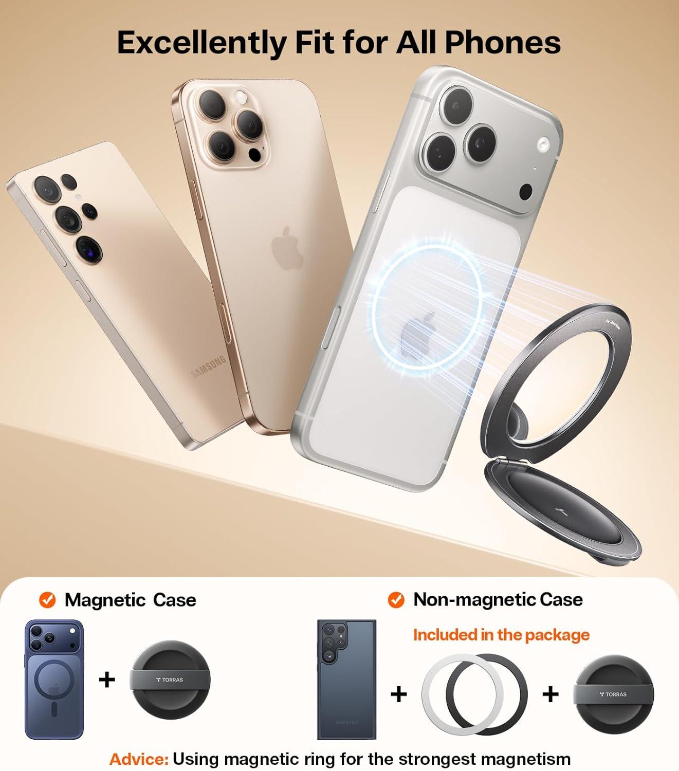 imageTORRAS 2026 Upgraded Gen 70 Magnetic Phone Grip Ring Stand Holder Comfortable Silicone Ring Compatible with MagSafe Accessories 4in1 Kickstand for iPhone 17 Pro Max 16 15 14 13 AndroidBlackBlack