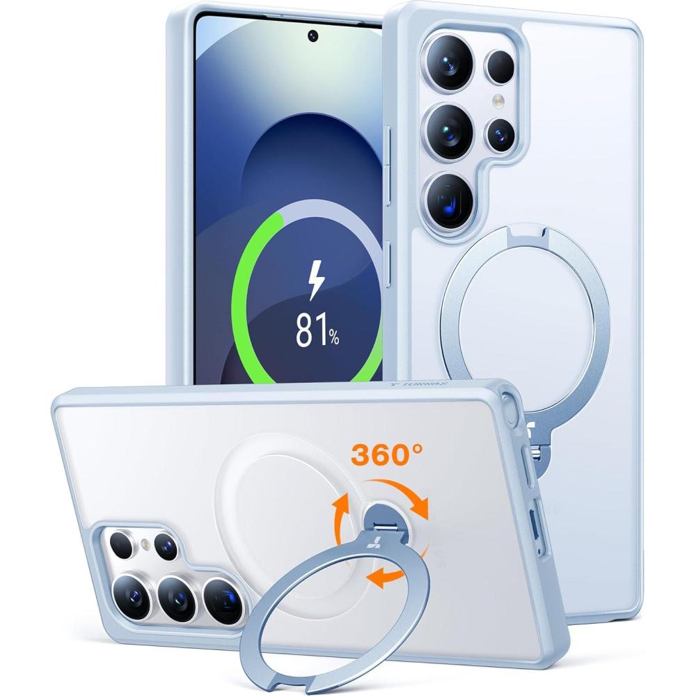 imageTORRAS 360 Spin Magnetic Stand for Samsung Galaxy S25 Ultra Case Beige Gold Fit for Magsafe Military Grade Slim Protective S25 Ultra Case with Kickstand Rotatable Ostand Spin Aesthetic DuneTranslucent Frosted Silverblue