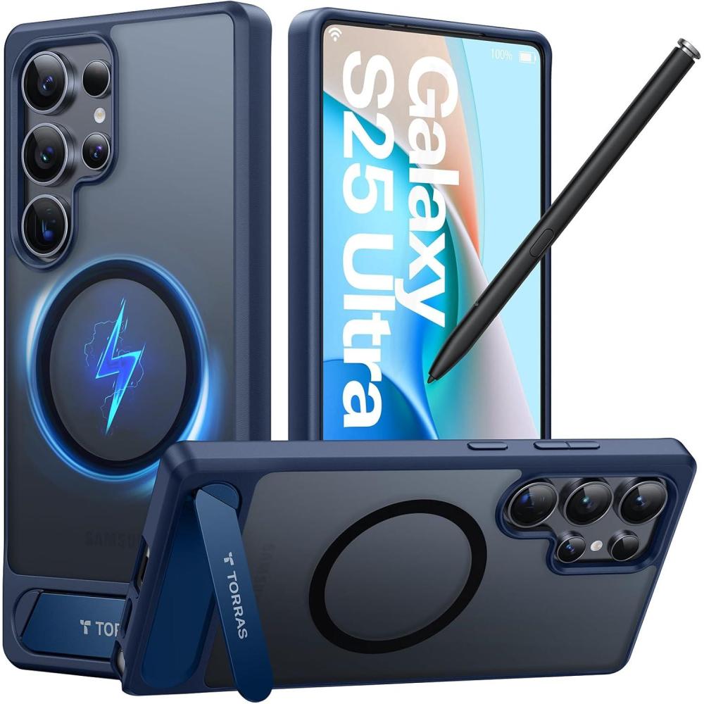 imageTORRAS Strong Magnetic amp Seamless Stand for Samsung Galaxy S25 Ultra Case Fit for MagSafe MilGrade Drop Protection Kickstand for Samsung Galaxy S25 Ultra Case Translucent BackBlack EdgeNavy Blue