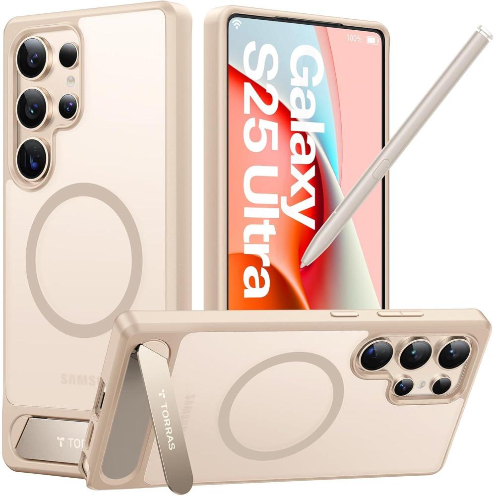 imageTORRAS Strong Magnetic amp Seamless Stand for Samsung Galaxy S25 Ultra Case Fit for MagSafe MilGrade Drop Protection Kickstand for Samsung Galaxy S25 Ultra Case Translucent BackBlack EdgeSoft Gold