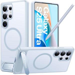 TORRAS Strong Magnetic & Seamless Stand for Samsung Galaxy S25 Ultra Case, Fit for MagSafe, Mil-Grade Drop Protection, Kickstand for Samsung Galaxy S25 Ultra Case, Translucent Back/Black Edge(Silverblue)