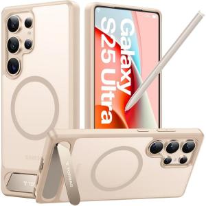 TORRAS Strong Magnetic & Seamless Stand for Samsung Galaxy S25 Ultra Case, Fit for MagSafe, Mil-Grade Drop Protection, Kickstand for Samsung Galaxy S25 Ultra Case, Translucent Back/Black Edge(Soft Gold)