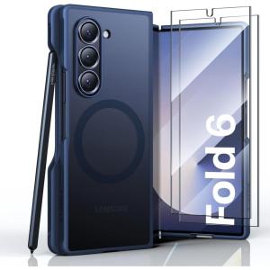 TORRAS Upgraded Magnetic Shockproof for Samsung Galaxy Z Fold 6 Case with S Pen Holder, [Fit for Magsafe] [Screen Protector Added] [Military Grade Drop Tested] Phone Case for Samsung Z Fold 6, Black(Blue with S Pen Holder)