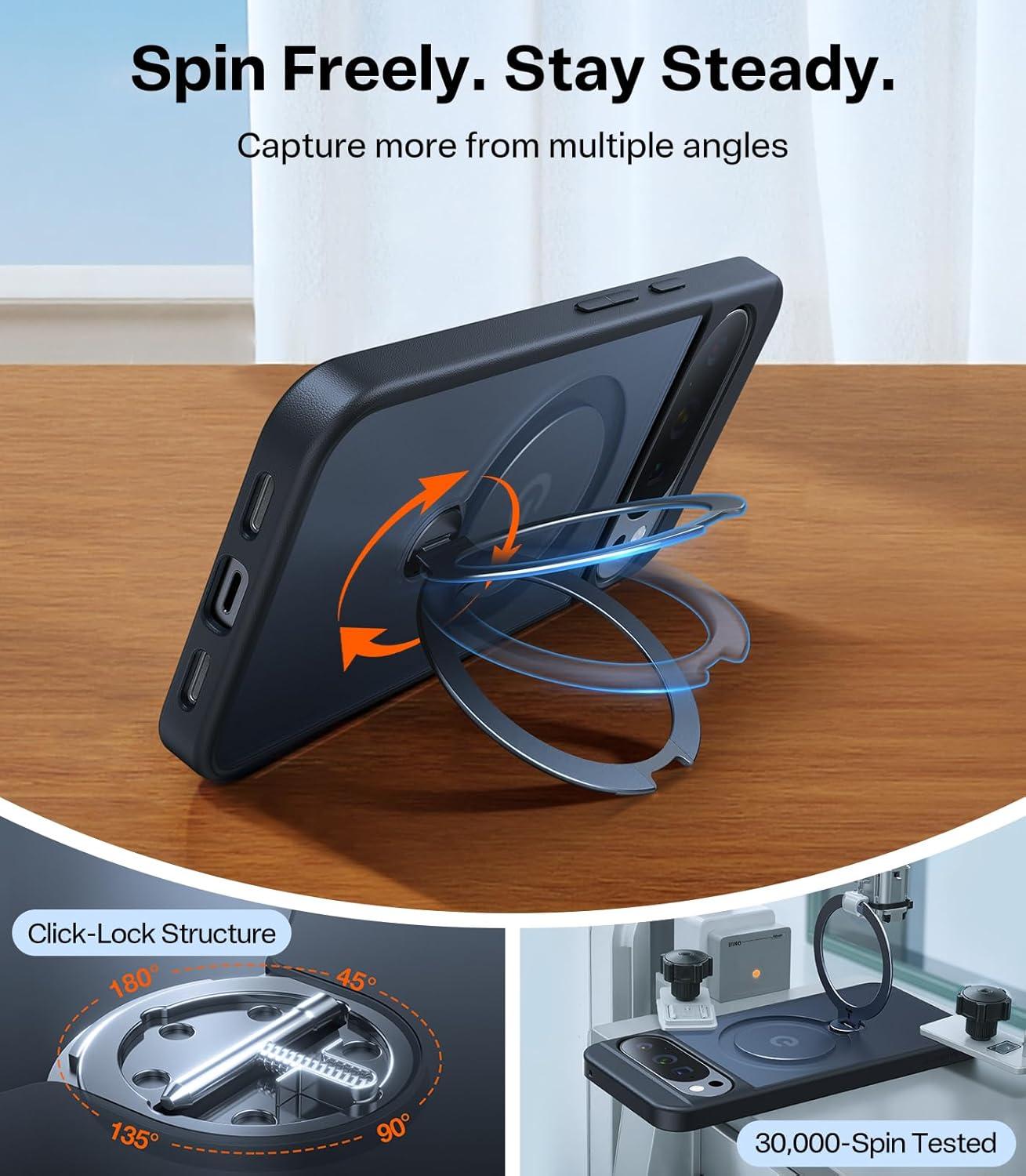 imageTORRAS Q3 Spin Magnetic 360 Stand for Google Pixel 10 Pro Case 10 Case Fit for Magsafe 4X Military Grade Protection Shockproof Pixel 10 Pro Phone Case with Stand Translucent BlackBlack