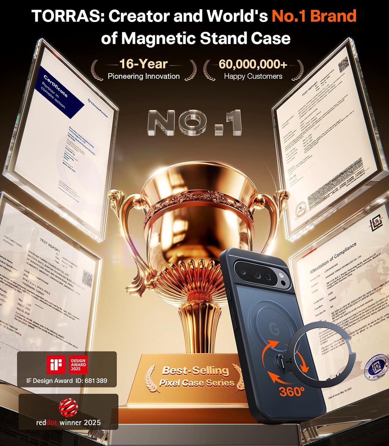 imageTORRAS Q3 Spin Magnetic 360 Stand for Google Pixel 10 Pro Case 10 Case Fit for Magsafe 4X Military Grade Protection Shockproof Pixel 10 Pro Phone Case with Stand Translucent BlackBlack