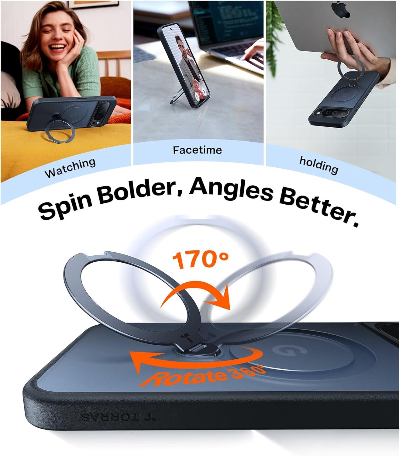 imageTORRAS Q3 Spin Magnetic 360 Stand for Google Pixel 10 Pro Case 10 Case Fit for Magsafe 4X Military Grade Protection Shockproof Pixel 10 Pro Phone Case with Stand Translucent BlackBlack