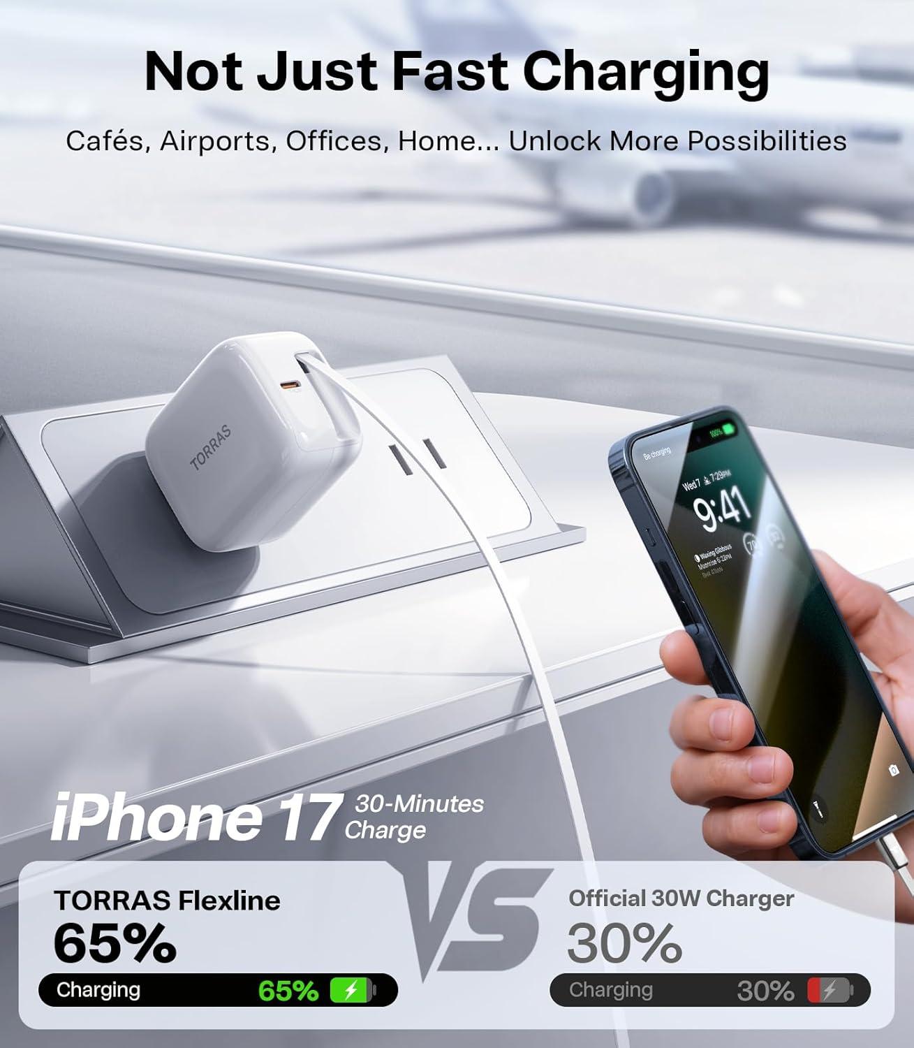 imageTORRAS FlexLine 40W for iPhone 17 Charger Fast Charging Retractable USB C Charger Block with Cable DualPort GaN  Type C Adapter for iPhone 16 Pro MaxiPhone 16iPhone 15 with Foldable Plug