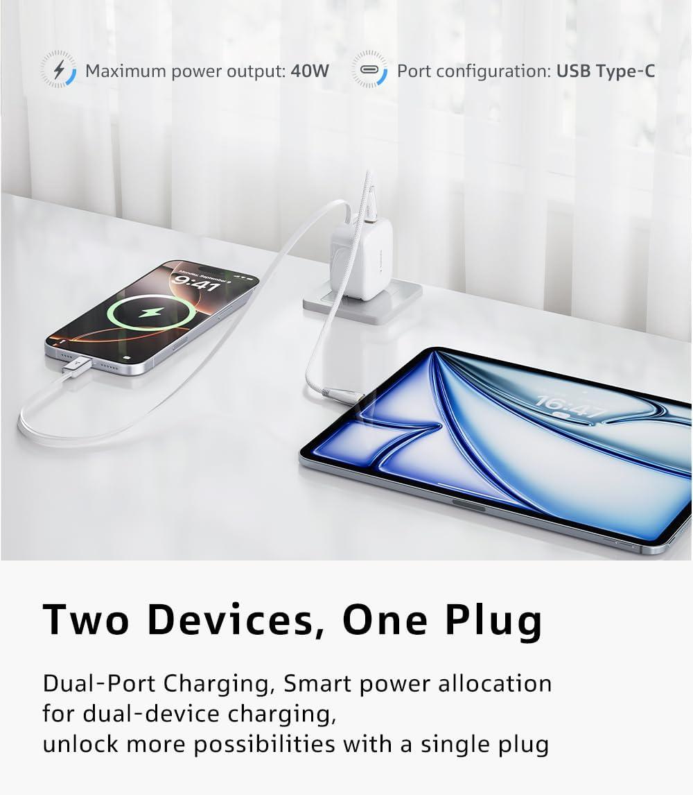 imageTORRAS FlexLine 40W for iPhone 17 Charger Fast Charging Retractable USB C Charger Block with Cable DualPort GaN  Type C Adapter for iPhone 16 Pro MaxiPhone 16iPhone 15 with Foldable Plug