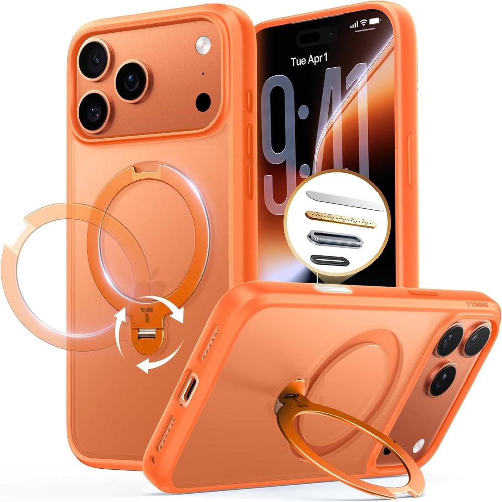 imageTORRAS 360 Magnetic Stand for iPhone 17 Pro Max Case Fit for MagSafe NonYellowing Clear Case for iPhone 17 Pro Max Phone Case with Kickstand amp Camera Control Hard PC Protection Q3 SpinNeon Orange