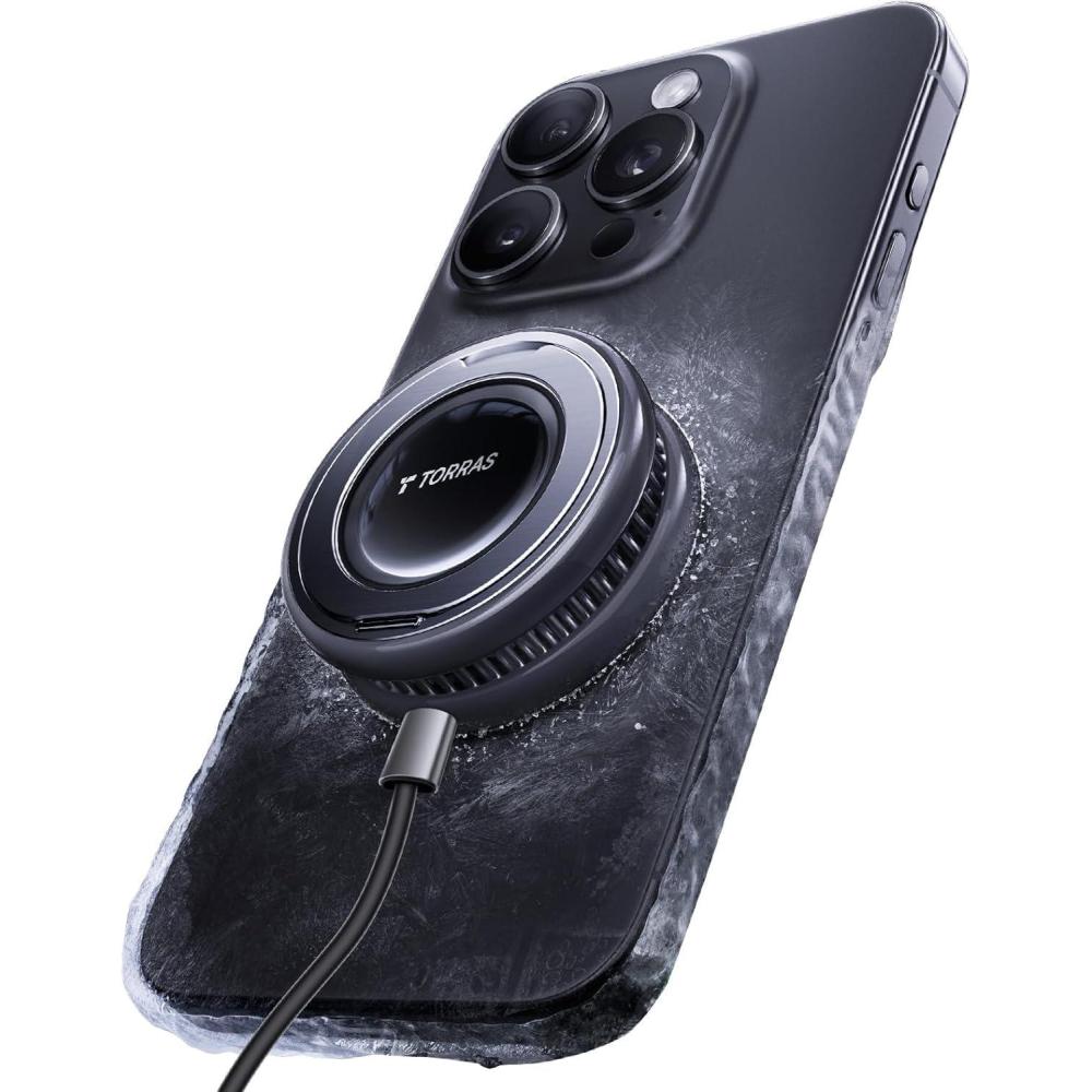 imageTORRAS PolarCircle Qi2 Wireless Charger 15W Cooling Magnetic Pad for iPhone 17161514 Wireless Charger for Samsung Galaxy S25 with 360Spin Stand Semiconductor Game Cooler with 5ft TypeC CableBlack
