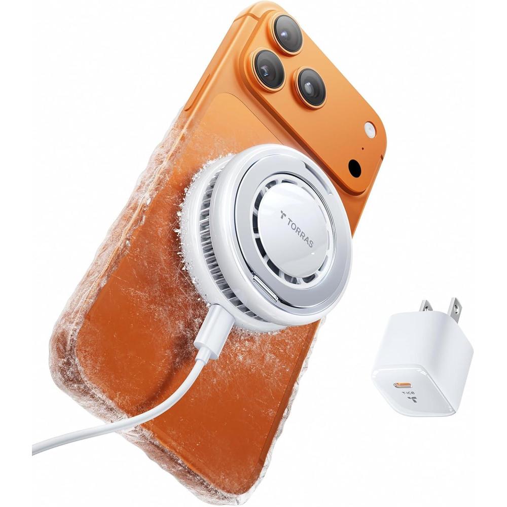 imageTORRAS PolarCircle Qi2 Wireless Charger 15W Cooling Magnetic Pad for iPhone 17161514 Wireless Charger for Samsung Galaxy S25 with 360Spin Stand Semiconductor Game Cooler with 5ft TypeC CableWhite