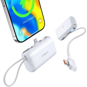 TORRAS 2-in-1 iPhone 16 Portable Charger, 5,000mAh 22.5W Mini Power Bank with Built-in USB-C Cable, Fast Charge Battery Pack, Travel Essential for iPhone 17/16/15, Galaxy S25, Google – Desert Titanium(Arctic White)