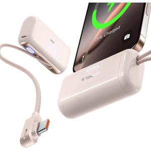 TORRAS 2-in-1 iPhone 16 Portable Charger, 5,000mAh 22.5W Mini Power Bank with Built-in USB-C Cable, Fast Charge Battery Pack, Travel Essential for iPhone 17/16/15, Galaxy S25, Google – Desert Titanium(Rose Gold)