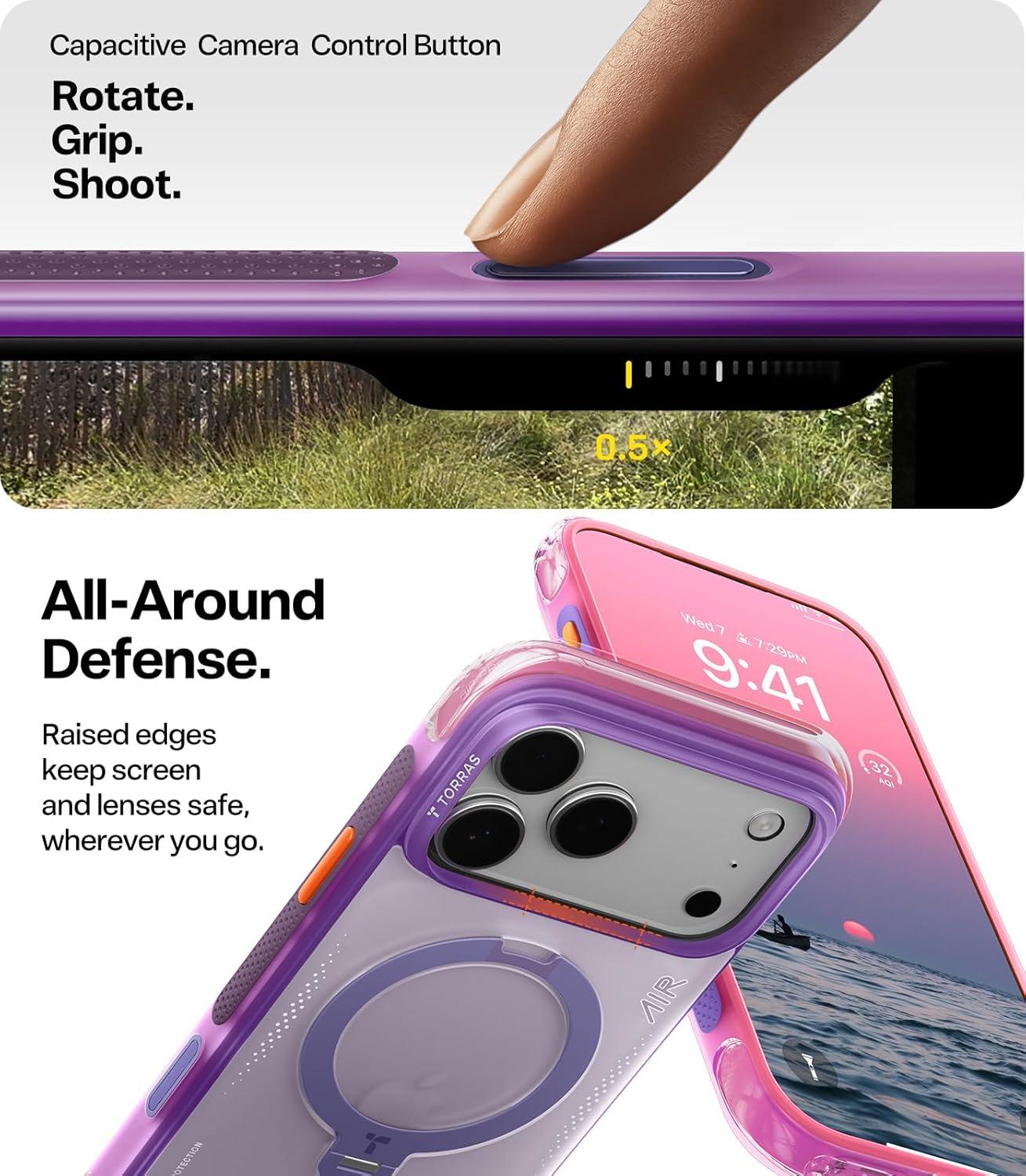 imageTORRAS Ostand Q3 Air for iPhone 17 Pro Max Case with 360 Magnetic Stand Fit for MagSafe MilGrade Drop Tested Camera Control Button Shockproof Phone Case for iPhone 17 Pro Max 69 Midnight BlueNeon Pink