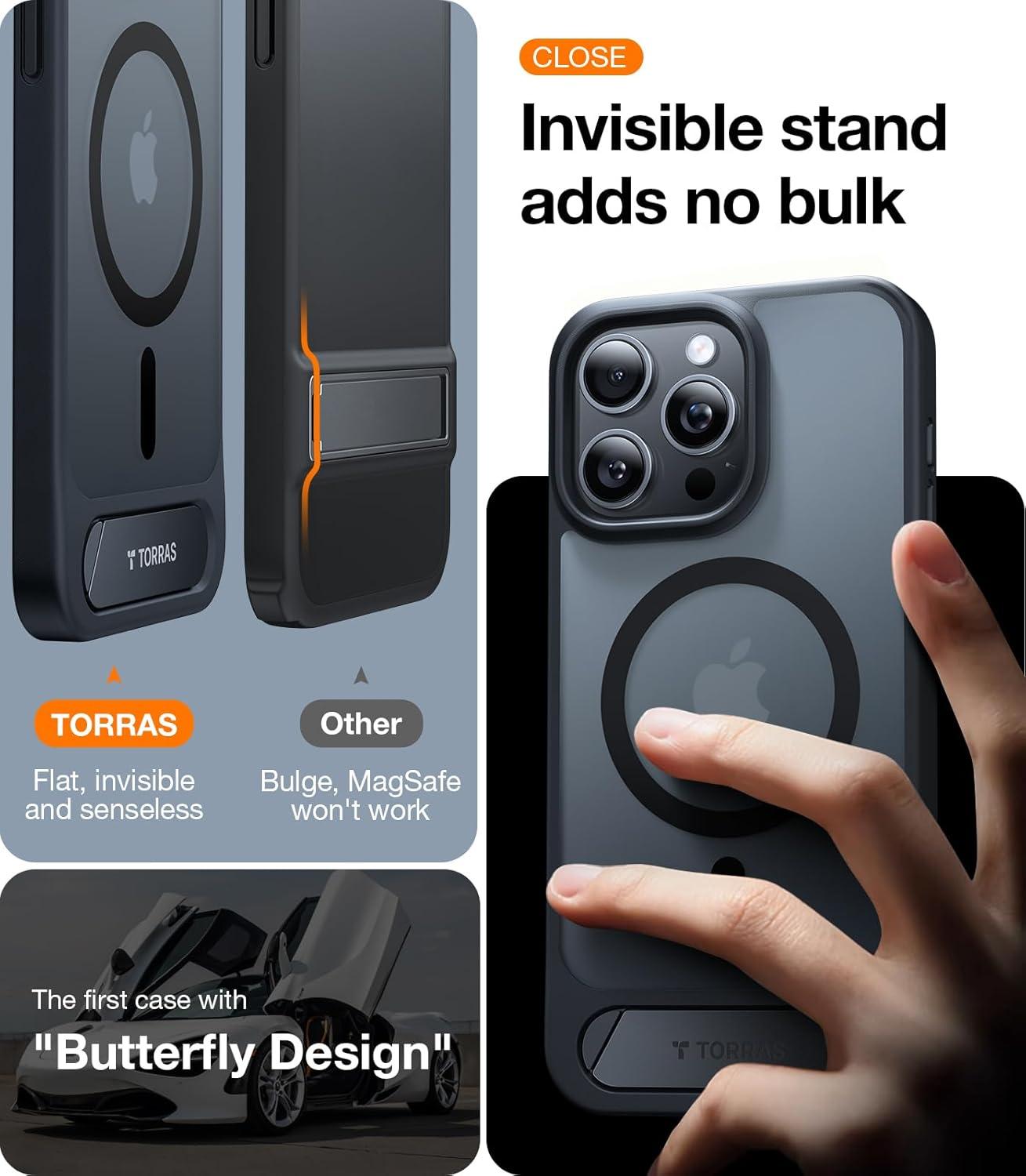 imageTORRAS for iPhone 13 Pro Case Translucent Black Strong Magnetic amp Seamless Stand Fit for MagSafe MilitaryGrade Drop Protection Sturdy Adjustable Builtin Kickstand Slim Matte FinishBlack