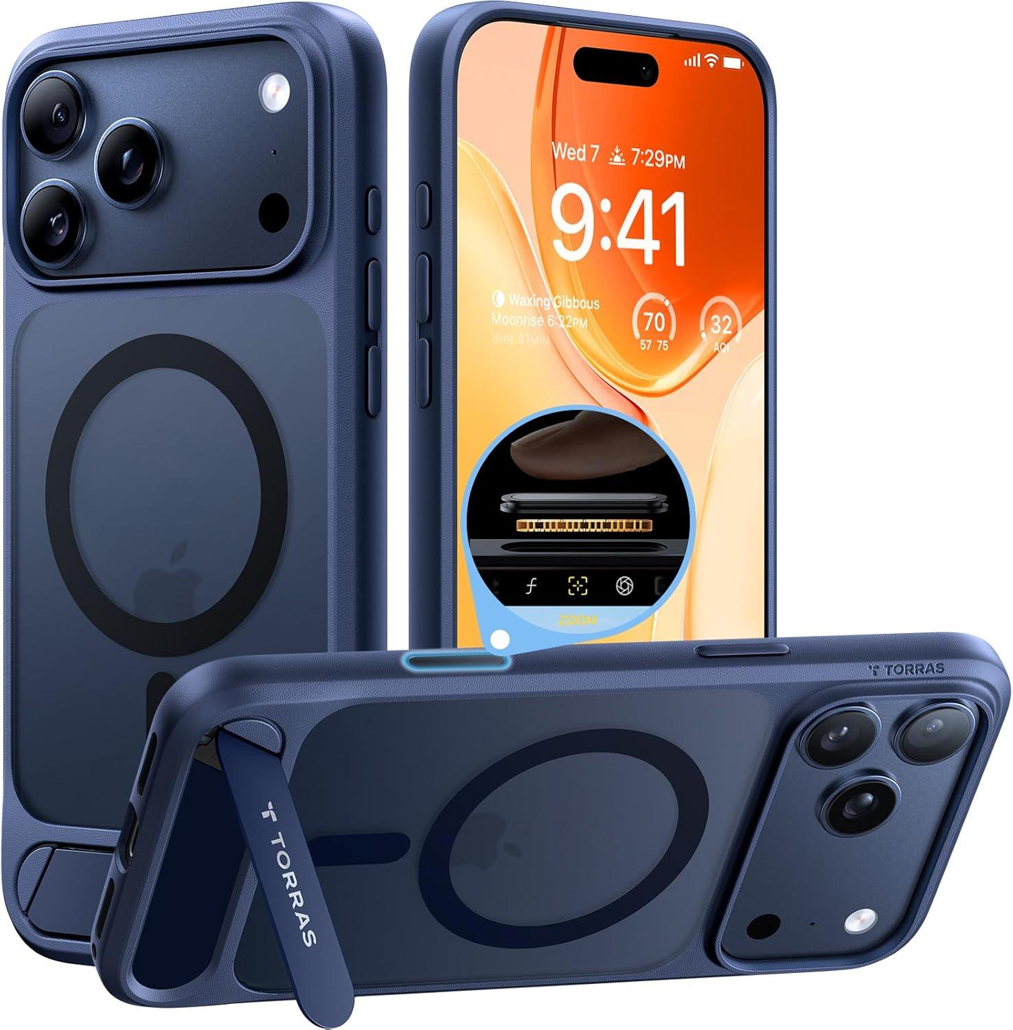 imageTORRAS for iPhone 13 Pro Case Translucent Black Strong Magnetic amp Seamless Stand Fit for MagSafe MilitaryGrade Drop Protection Sturdy Adjustable Builtin Kickstand Slim Matte FinishDeep Blue