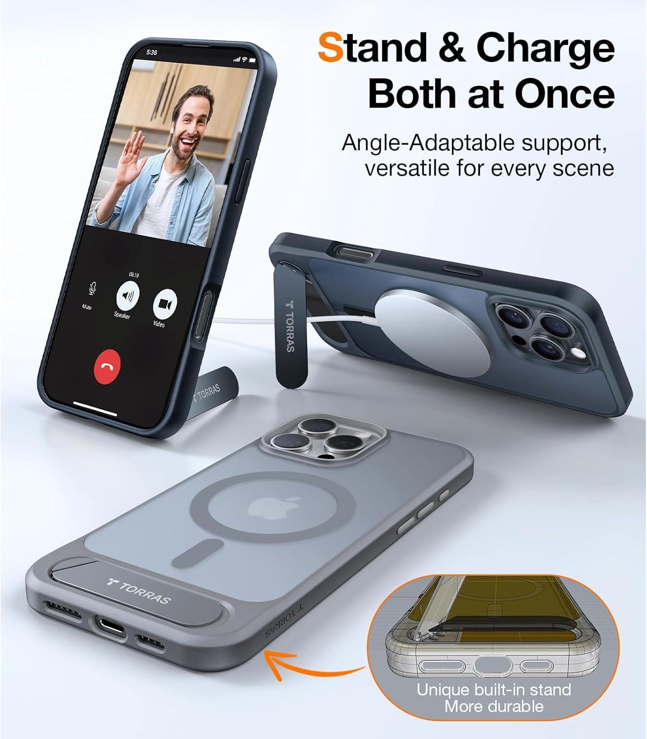 imageTORRAS for iPhone 13 Pro Case Translucent Black Strong Magnetic amp Seamless Stand Fit for MagSafe MilitaryGrade Drop Protection Sturdy Adjustable Builtin Kickstand Slim Matte FinishBlack