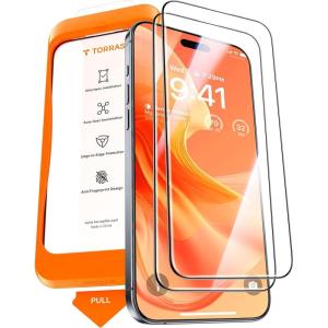 TORRAS Military-Grade Shatterproof for iPhone 16 Pro Max Screen Protector [9H+ Aerospace Tempered Glass＆ One-Step Installation] Full Coverage Fit Bubble Free Top-Notch Protection, 2 Pack, GlassGo X(iPhone 15 Pro Max (6.7 inch))
