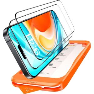 TORRAS Military-Grade Shatterproof for iPhone 16 Pro Max Screen Protector [9H+ Aerospace Tempered Glass＆ One-Step Installation] Full Coverage Fit Bubble Free Top-Notch Protection, 2 Pack, GlassGo X(iPhone 15（6.1 inch）)