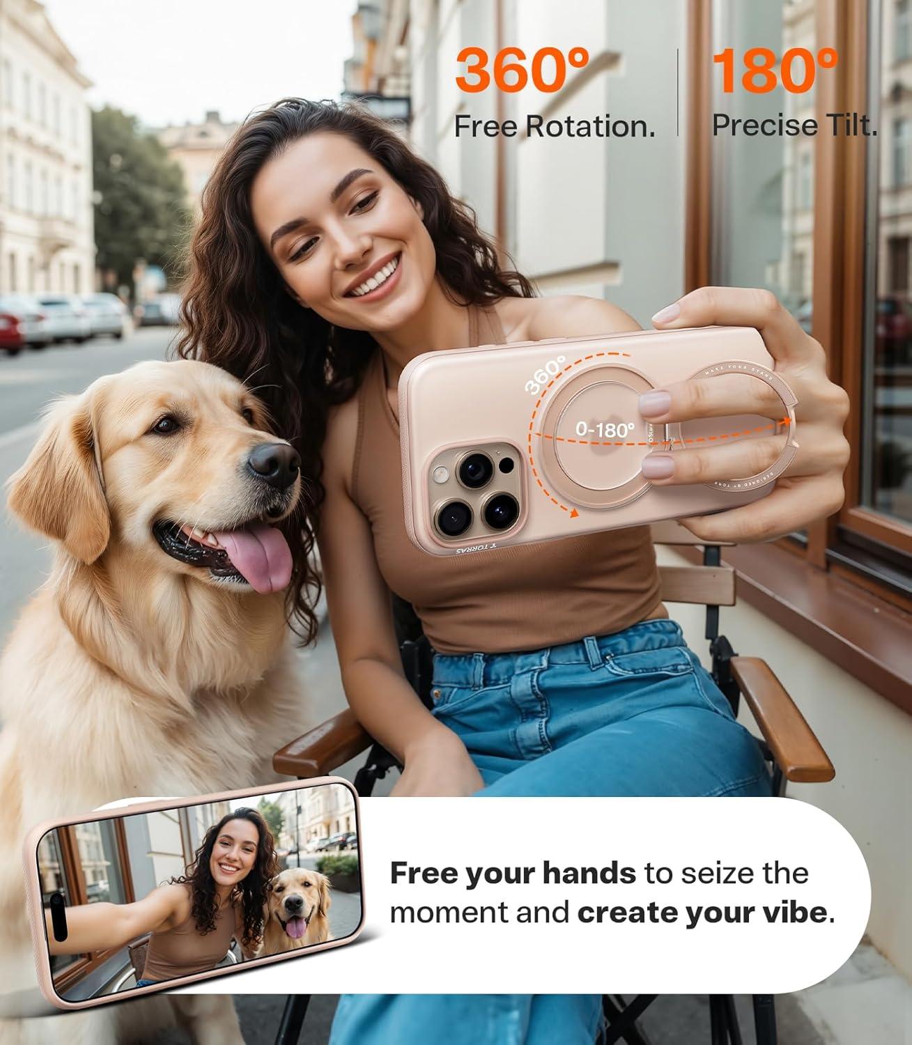 imageTORRAS 360 Magnetic Stand for iPhone 16 Pro Max Case Fit for MagSafe MilitaryGrade Protection Translucent Slim Case for iPhone 16 Pro Max Obsidian Black Ostand O3 Fitness SeriesDesert Titanium