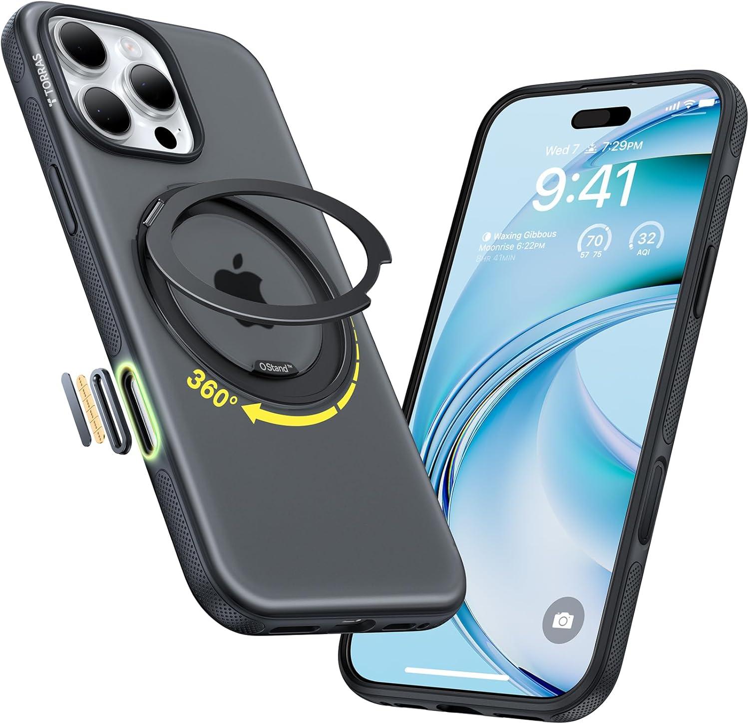 imageTORRAS 360 Magnetic Stand for iPhone 16 Pro Max Case Fit for MagSafe MilitaryGrade Protection Translucent Slim Case for iPhone 16 Pro Max Obsidian Black Ostand O3 Fitness SeriesObsidian Black