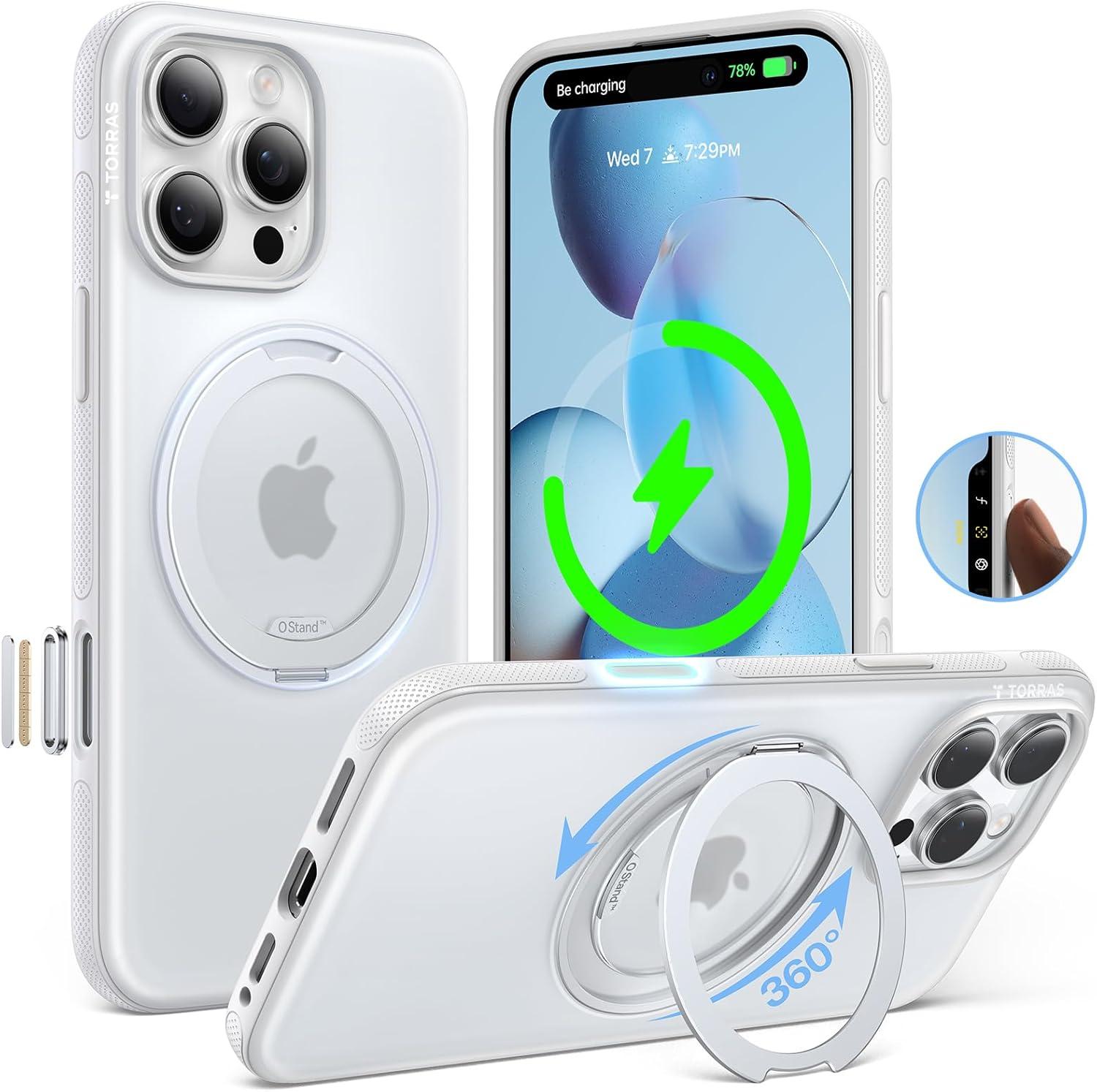 imageTORRAS 360 Magnetic Stand for iPhone 16 Pro Max Case Fit for MagSafe MilitaryGrade Protection Translucent Slim Case for iPhone 16 Pro Max Obsidian Black Ostand O3 Fitness SeriesGlacier White