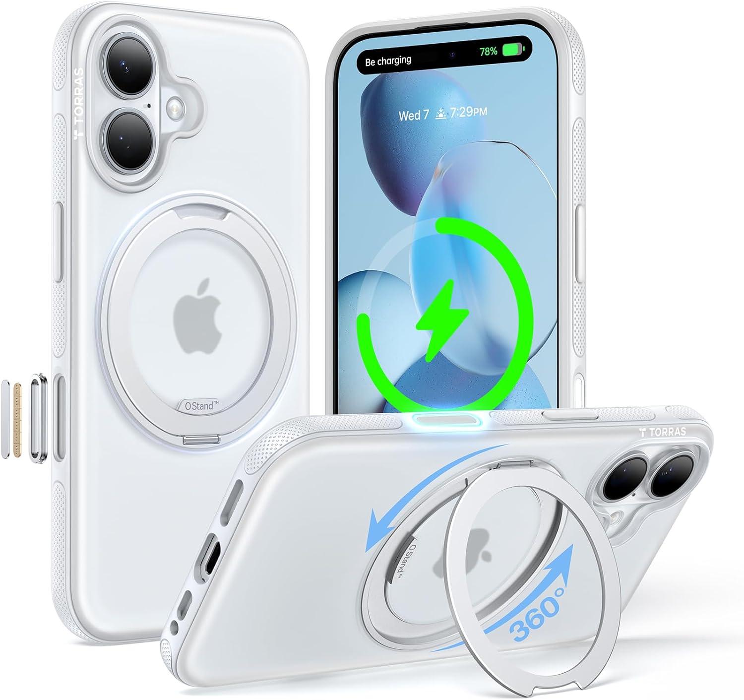 imageTORRAS 360 Magnetic Stand for iPhone 16 Pro Max Case Fit for MagSafe MilitaryGrade Protection Translucent Slim Case for iPhone 16 Pro Max Obsidian Black Ostand O3 Fitness SeriesGlacier White