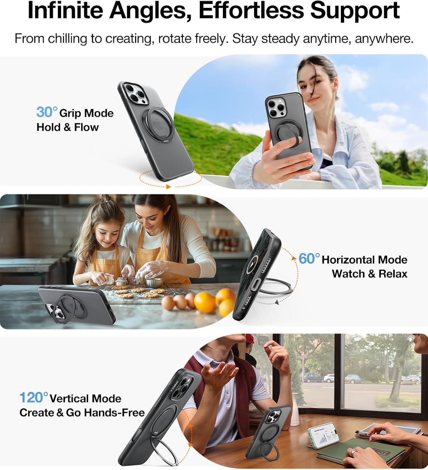 imageTORRAS 360 Magnetic Stand for iPhone 16 Pro Max Case Fit for MagSafe MilitaryGrade Protection Translucent Slim Case for iPhone 16 Pro Max Obsidian Black Ostand O3 Fitness SeriesCObsidian Black