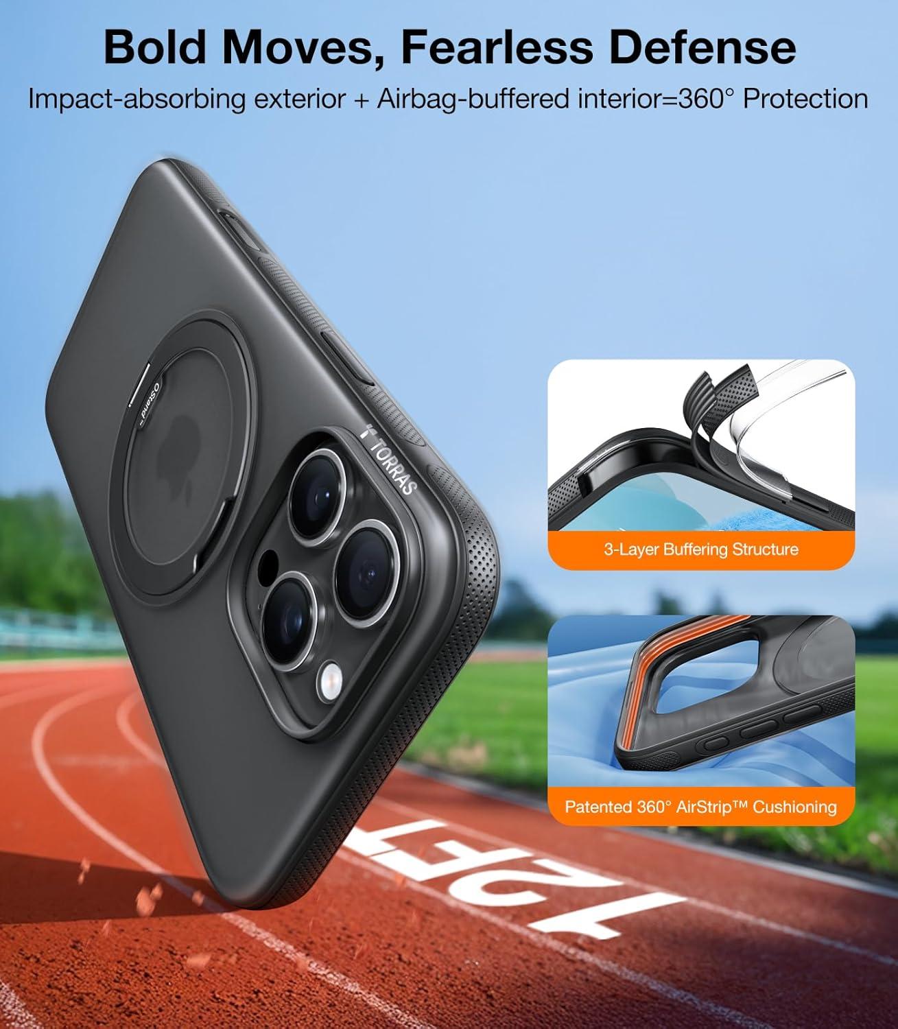 imageTORRAS 360 Magnetic Stand for iPhone 16 Pro Max Case Fit for MagSafe MilitaryGrade Protection Translucent Slim Case for iPhone 16 Pro Max Obsidian Black Ostand O3 Fitness SeriesObsidian Black