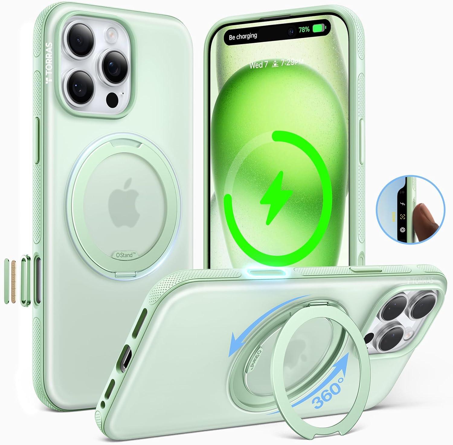 imageTORRAS 360 Magnetic Stand for iPhone 16 Pro Max Case Fit for MagSafe MilitaryGrade Protection Translucent Slim Case for iPhone 16 Pro Max Obsidian Black Ostand O3 Fitness SeriesMint Green