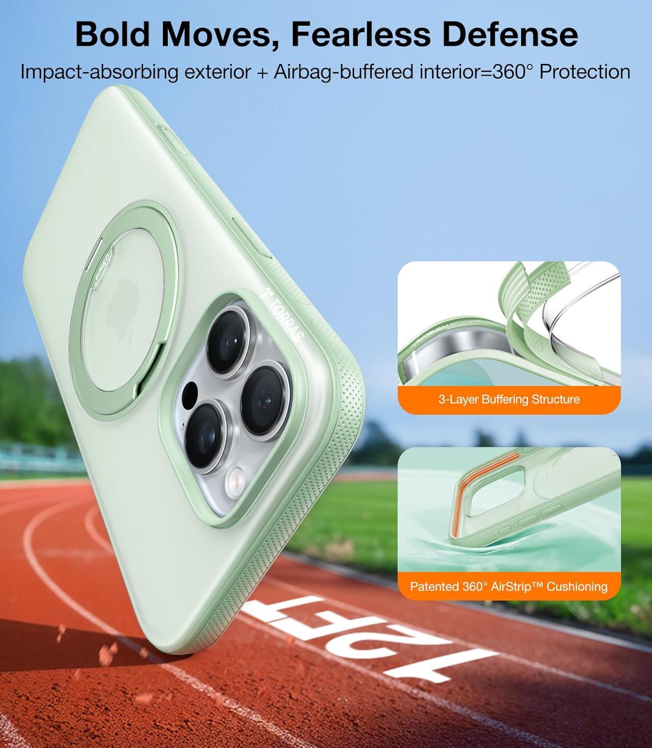 imageTORRAS 360 Magnetic Stand for iPhone 16 Pro Max Case Fit for MagSafe MilitaryGrade Protection Translucent Slim Case for iPhone 16 Pro Max Obsidian Black Ostand O3 Fitness SeriesMint Green