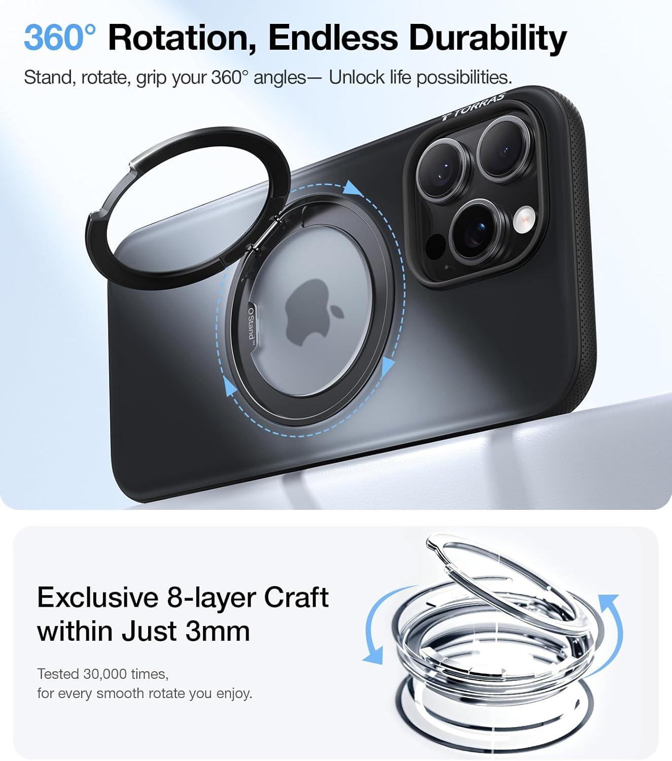 imageTORRAS 360 Magnetic Stand for iPhone 16 Pro Max Case Fit for MagSafe MilitaryGrade Protection Translucent Slim Case for iPhone 16 Pro Max Obsidian Black Ostand O3 Fitness SeriesCObsidian Black