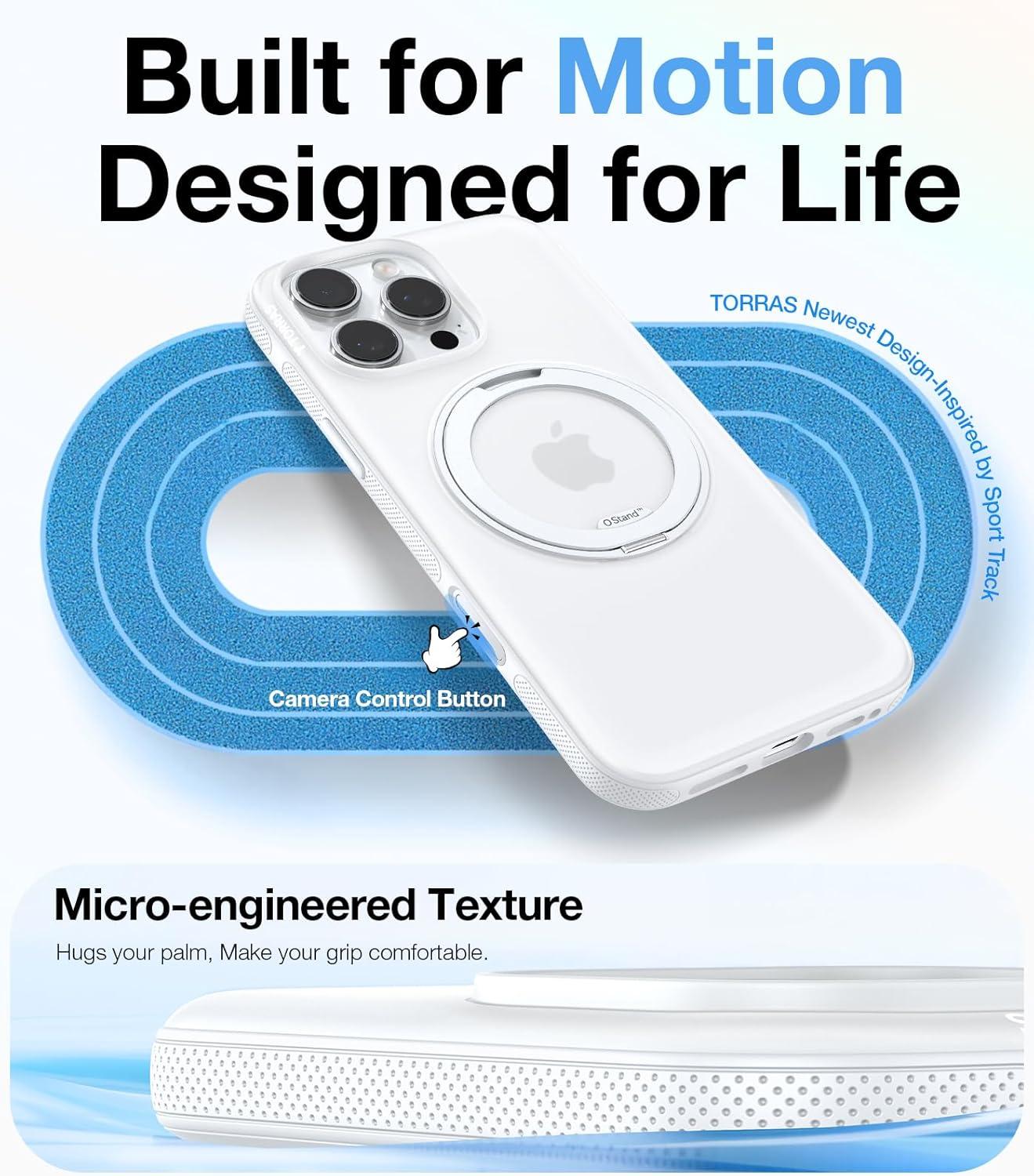 imageTORRAS 360 Magnetic Stand for iPhone 16 Pro Max Case Fit for MagSafe MilitaryGrade Protection Translucent Slim Case for iPhone 16 Pro Max Obsidian Black Ostand O3 Fitness SeriesGlacier White