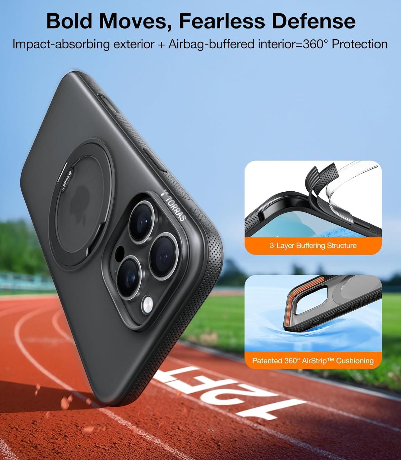 imageTORRAS 360 Magnetic Stand for iPhone 16 Pro Max Case Fit for MagSafe MilitaryGrade Protection Translucent Slim Case for iPhone 16 Pro Max Obsidian Black Ostand O3 Fitness SeriesObsidian Black
