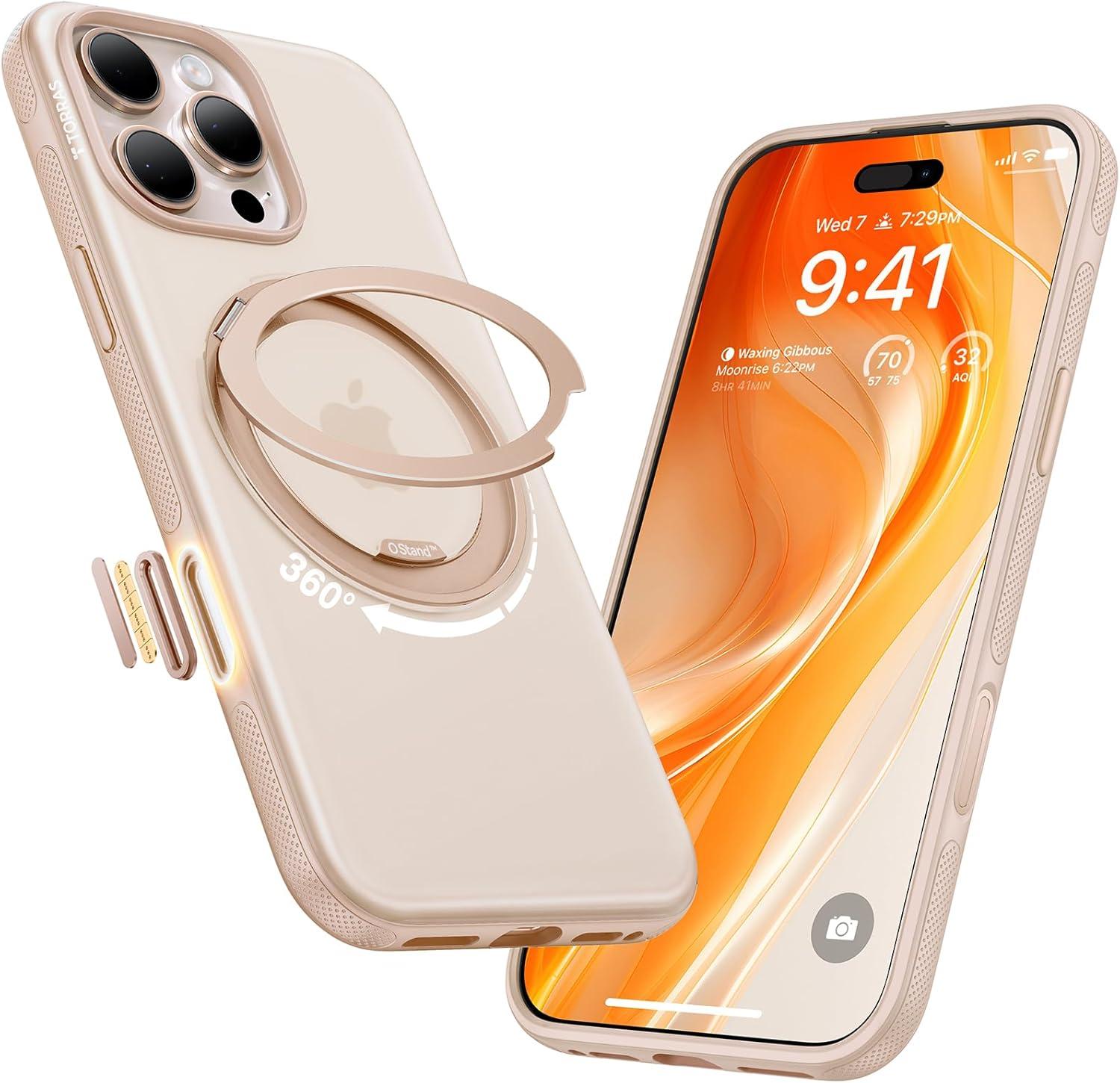 imageTORRAS 360 Magnetic Stand for iPhone 16 Pro Max Case Fit for MagSafe MilitaryGrade Protection Translucent Slim Case for iPhone 16 Pro Max Obsidian Black Ostand O3 Fitness SeriesDesert Titanium