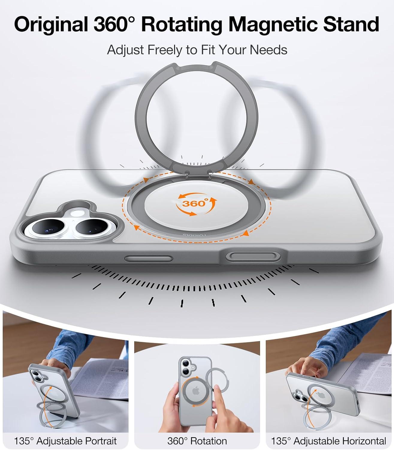 imageTORRAS 360 Rotatable Magnetic Ring for iPhone 16 Plus Case Fit for MagSafe with Stand Ring Holder 16FT Military Grade Shockproof Translucent Back Case for iPhone 16 Plus Phone Case Ostand BlackGray