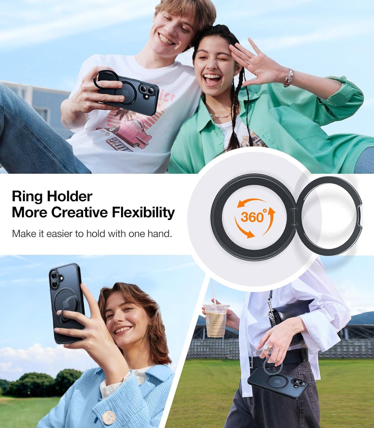 imageTORRAS 360 Rotatable Magnetic Ring for iPhone 16 Plus Case Fit for MagSafe with Stand Ring Holder 16FT Military Grade Shockproof Translucent Back Case for iPhone 16 Plus Phone Case Ostand BlackBlack