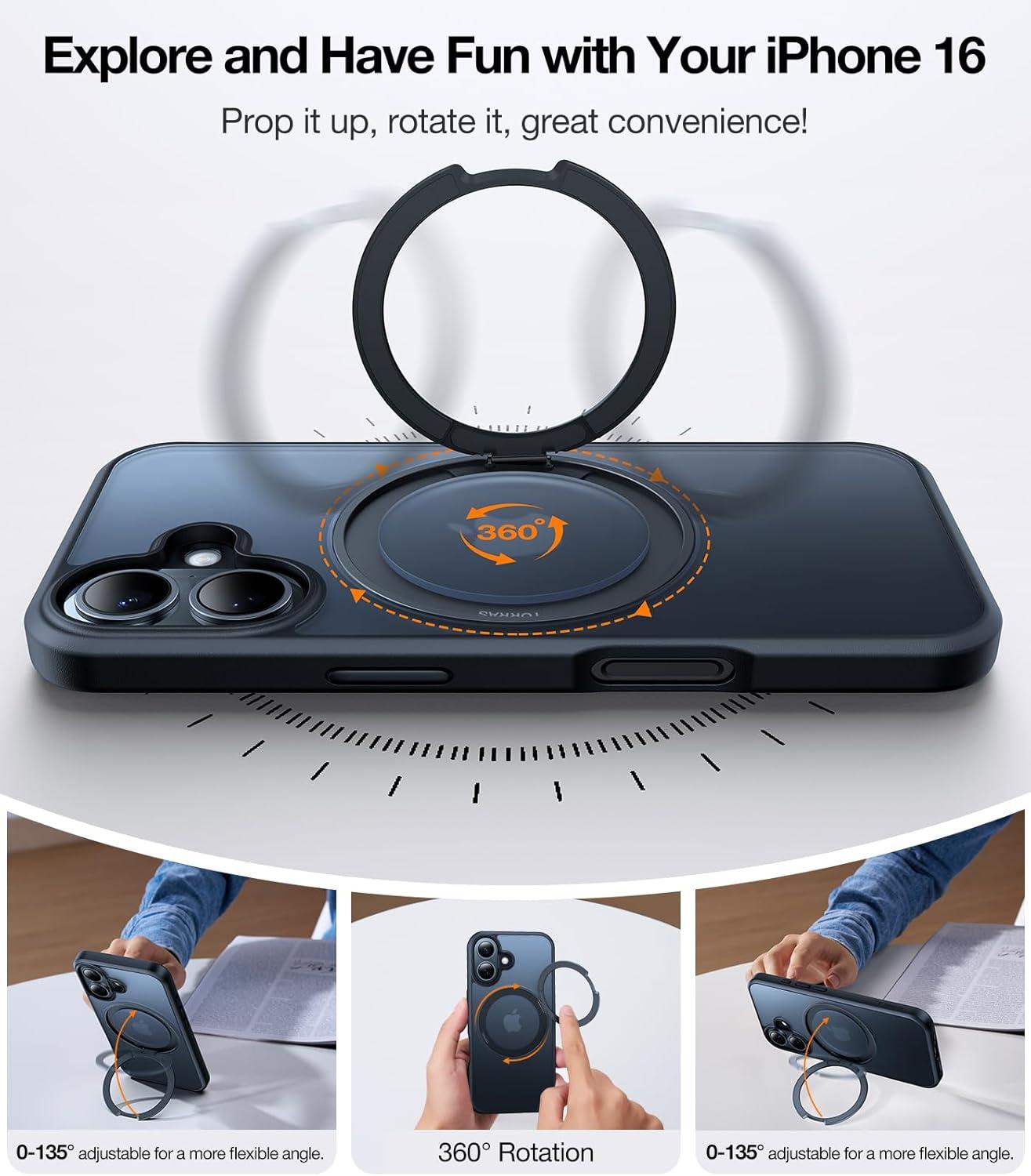 imageTORRAS 360 Rotatable Magnetic Ring for iPhone 16 Plus Case Fit for MagSafe with Stand Ring Holder 16FT Military Grade Shockproof Translucent Back Case for iPhone 16 Plus Phone Case Ostand BlackBlack