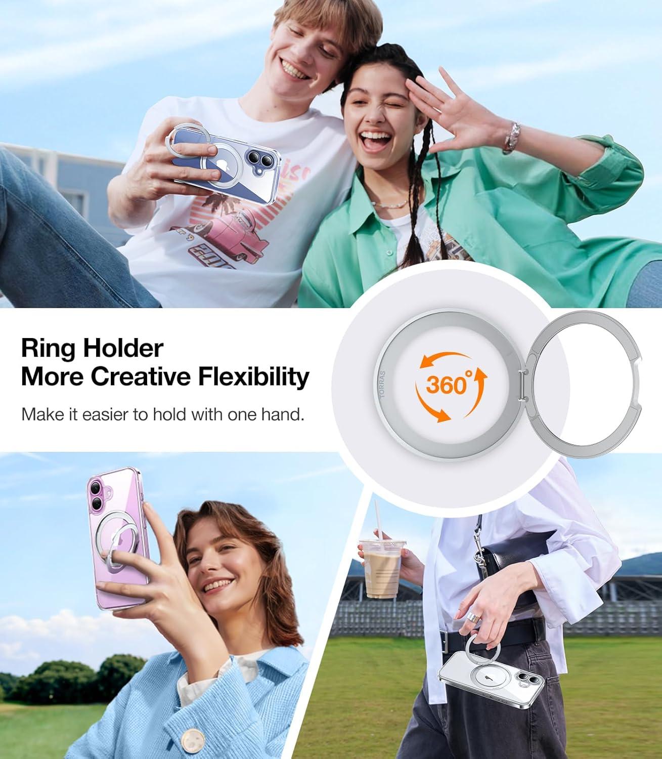 imageTORRAS 360 Rotatable Magnetic Ring for iPhone 16 Plus Case Fit for MagSafe with Stand Ring Holder 16FT Military Grade Shockproof Translucent Back Case for iPhone 16 Plus Phone Case Ostand BlackCrystal Clear