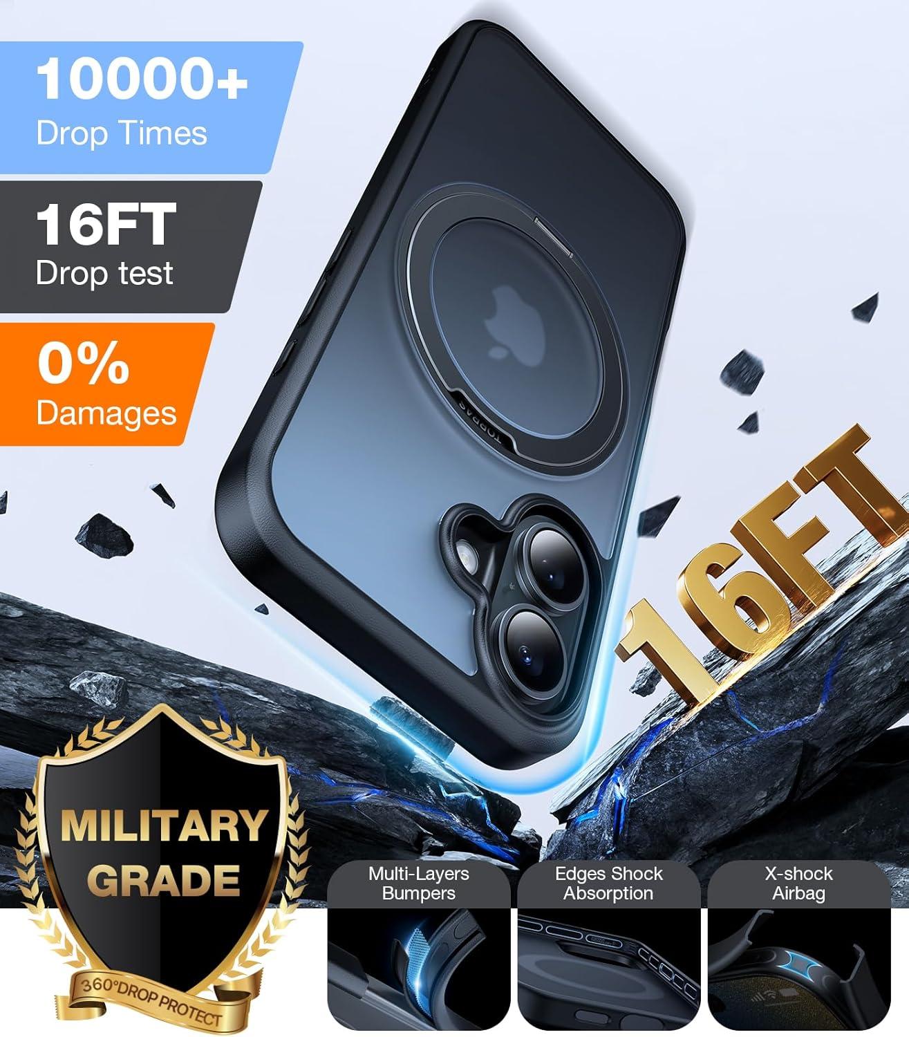 imageTORRAS 360 Rotatable Magnetic Ring for iPhone 16 Plus Case Fit for MagSafe with Stand Ring Holder 16FT Military Grade Shockproof Translucent Back Case for iPhone 16 Plus Phone Case Ostand BlackBlack