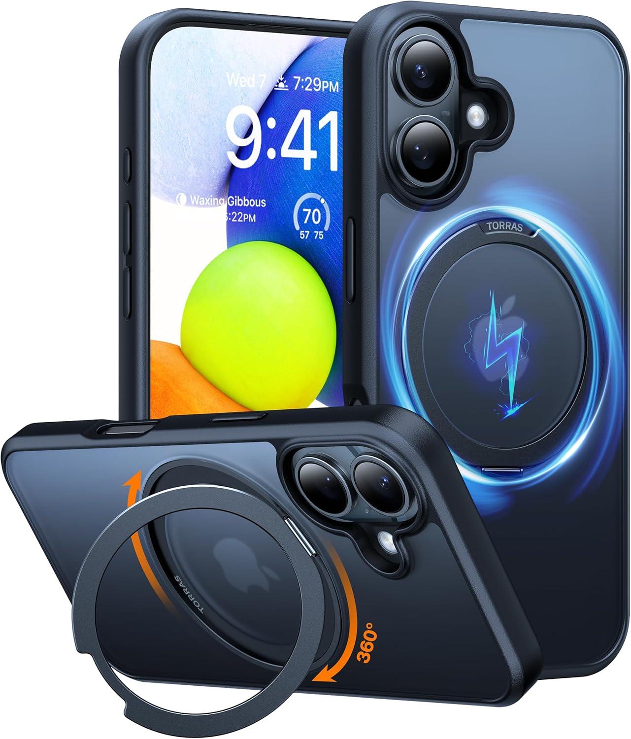 imageTORRAS 360 Rotatable Magnetic Ring for iPhone 16 Plus Case Fit for MagSafe with Stand Ring Holder 16FT Military Grade Shockproof Translucent Back Case for iPhone 16 Plus Phone Case Ostand BlackBlack