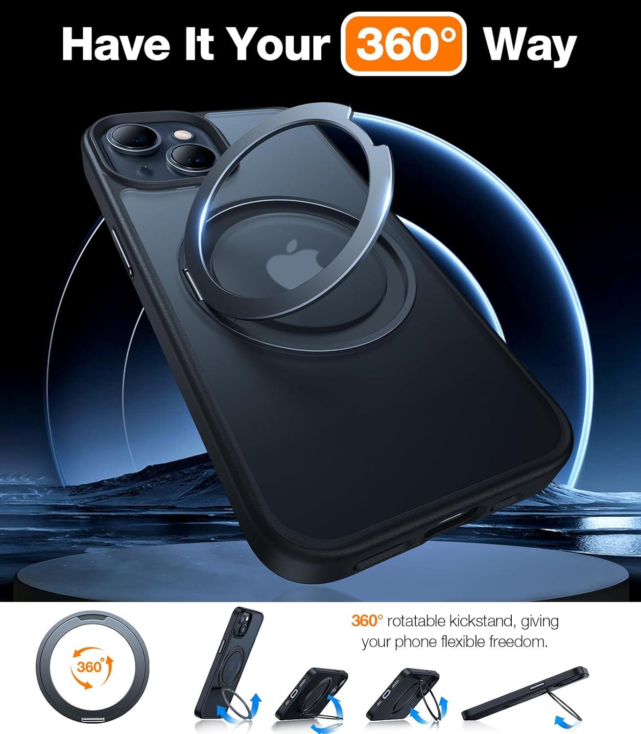 imageTORRAS 360 Rotatable Magnetic Ring for iPhone 16 Plus Case Fit for MagSafe with Stand Ring Holder 16FT Military Grade Shockproof Translucent Back Case for iPhone 16 Plus Phone Case Ostand BlackBlack