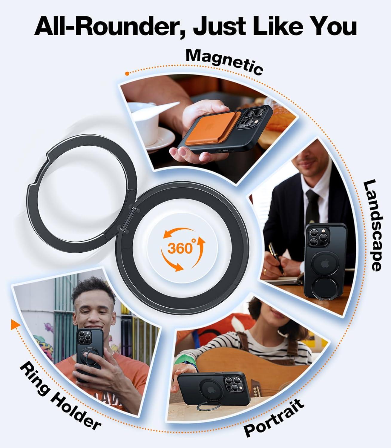 imageTORRAS 360 Rotatable Magnetic Ring for iPhone 16 Plus Case Fit for MagSafe with Stand Ring Holder 16FT Military Grade Shockproof Translucent Back Case for iPhone 16 Plus Phone Case Ostand BlackBlack