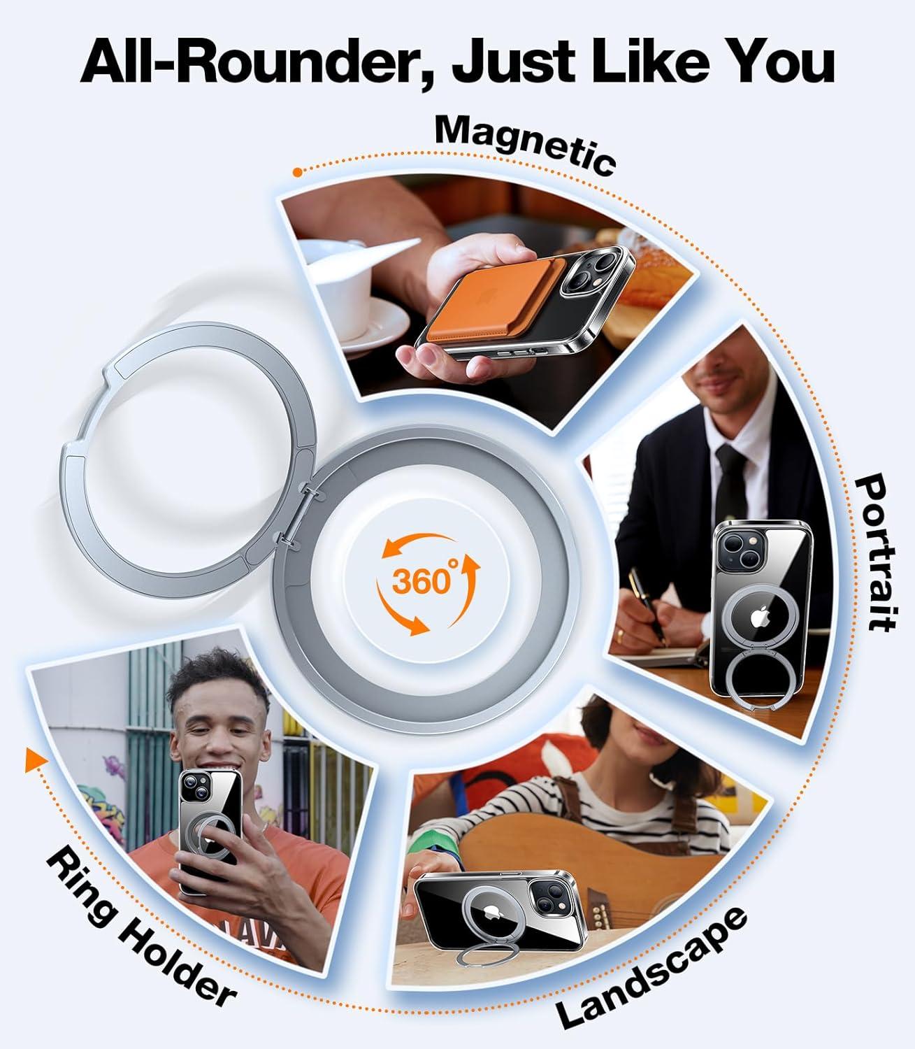 imageTORRAS 360 Rotatable Magnetic Ring for iPhone 16 Plus Case Fit for MagSafe with Stand Ring Holder 16FT Military Grade Shockproof Translucent Back Case for iPhone 16 Plus Phone Case Ostand BlackCrystal Clear