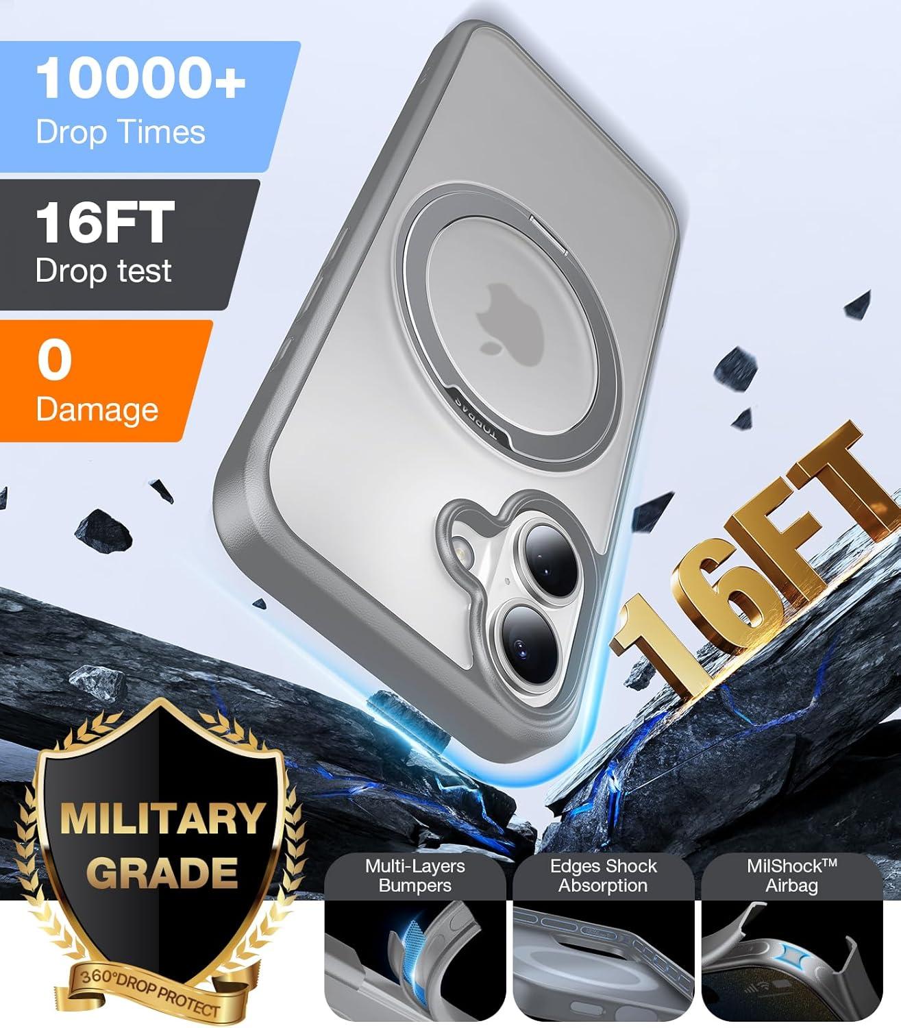 imageTORRAS 360 Rotatable Magnetic Ring for iPhone 16 Plus Case Fit for MagSafe with Stand Ring Holder 16FT Military Grade Shockproof Translucent Back Case for iPhone 16 Plus Phone Case Ostand BlackGray