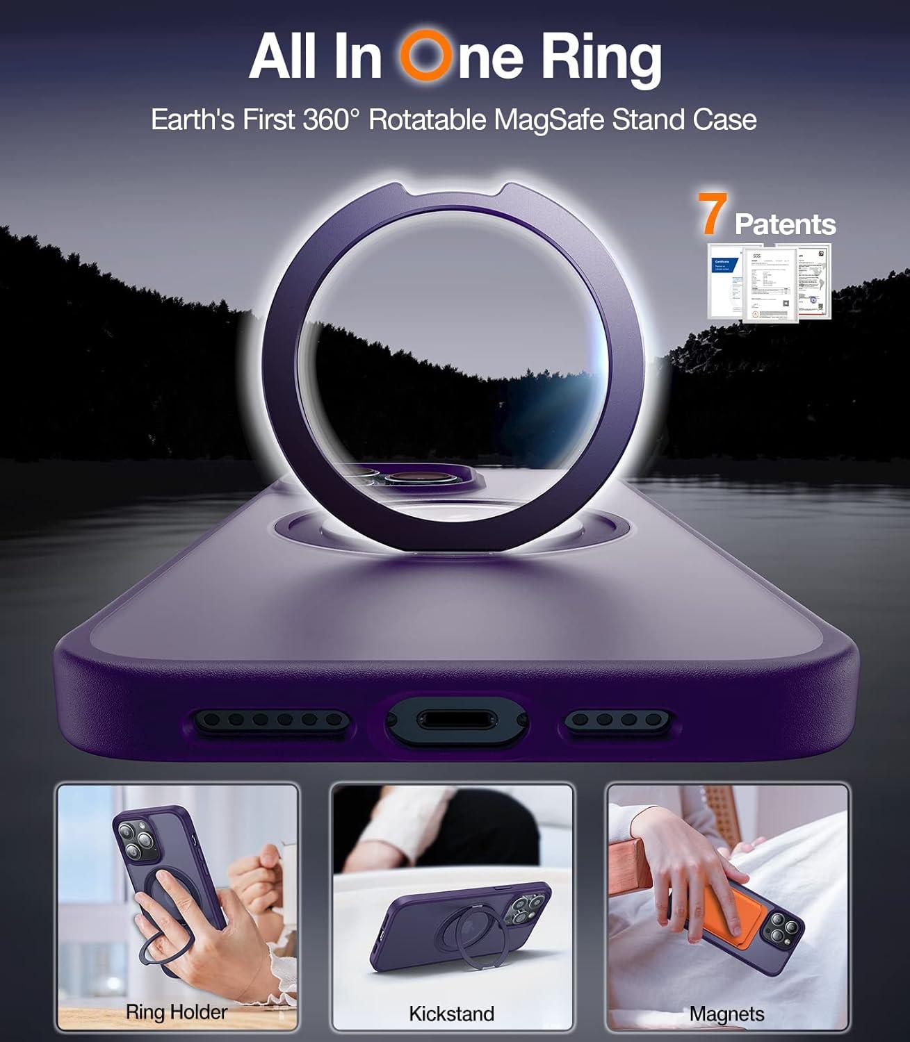 imageTORRAS 360 Rotatable Magnetic Ring for iPhone 16 Plus Case Fit for MagSafe with Stand Ring Holder 16FT Military Grade Shockproof Translucent Back Case for iPhone 16 Plus Phone Case Ostand BlackDeep Purple